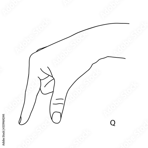 The drawing of a human hand. Q is the seventeenth letter of the alphabet in sign language. The Letter Q. Black and white drawing of a hand. Deaf and dumb language. Vector illustration