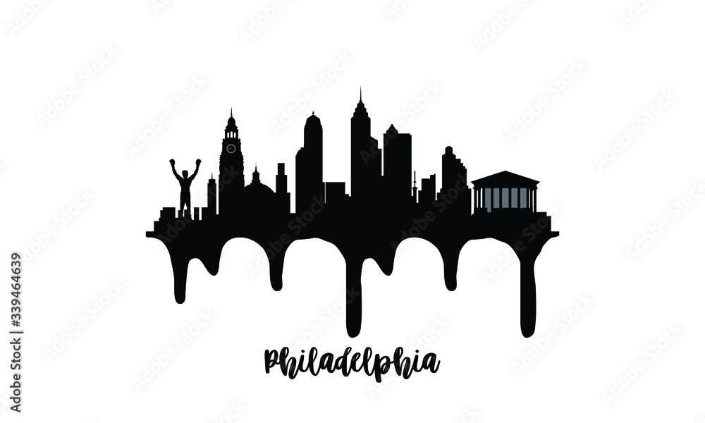 Philadelphia black skyline silhouette vector illustration on white background with dripping ink effect.