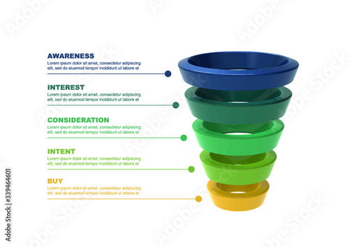 Business Sales Funnel Infographic in 3D. 5 Stage. Lead Generation Process.