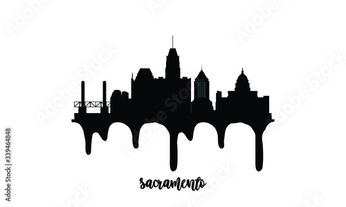 Sacramento black skyline silhouette vector illustration on white background with dripping ink effect.