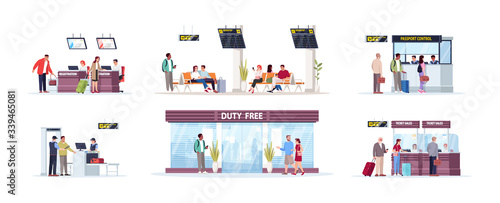 Airport terminal flat vector illustrations set. Luggage security control. Duty free shop. Registration desk, tickets sale counter. Airplane passengers isolated cartoon characters kit