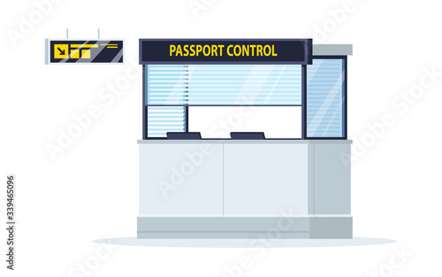 Passport control semi flat RGB color vector illustration. Counter with glass window to check visa. Border control table. Document check desk isolated cartoon object on white background