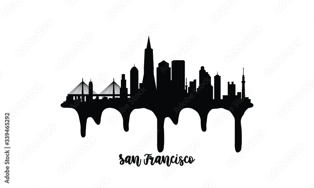 San Francisco USA black skyline silhouette vector illustration on white background with dripping ink effect.
