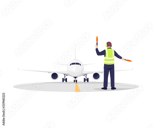 Airplane runway controller semi flat RGB color vector illustration. Plane arrival. Man in uniform navigate with light sticks. Male airport worker isolated cartoon character on white background