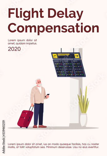 Flight delay compensation poster template. Man with luggage in airport hall. Commercial flyer design with semi flat illustration. Vector cartoon promo card. Airline services advertising invitation