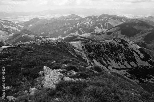 Beautiful mountain scenery in the Low Tatras from the peak of Chopok, Resort Jasna, Slovakia. Black and white mountain photos 