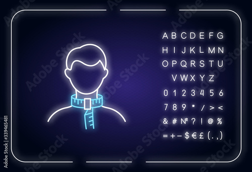 Neck circumference neon light icon. Outer glowing effect. Human body measurements, tailoring parameters sign with alphabet, numbers and symbols. Vector isolated RGB color illustration