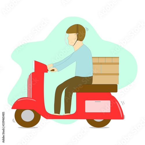 Vector - Cartoon service man riding red motorcycle with many parcel. Sending order package to customer. Express delivery business, shopping online, e-commerce concept.