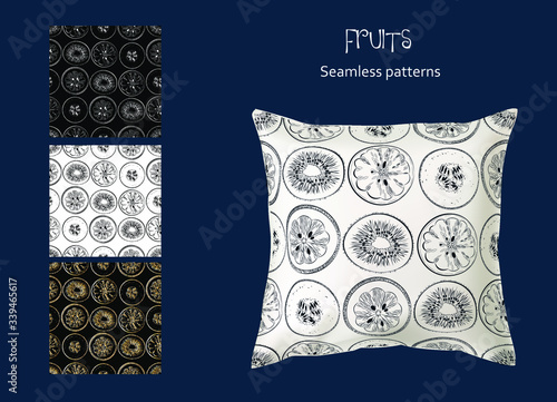  Linear drawing of tropical fruits on a seamless pattern. Image of fruit on the pillow. Drawing for textiles. Vector illustration.