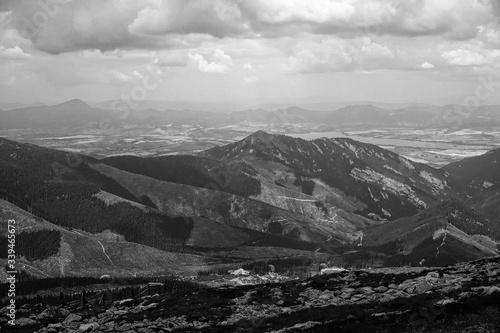 Beautiful mountain scenery in the Low Tatras from the peak of Chopok, Resort Jasna, Slovakia. Black and white mountain photos 