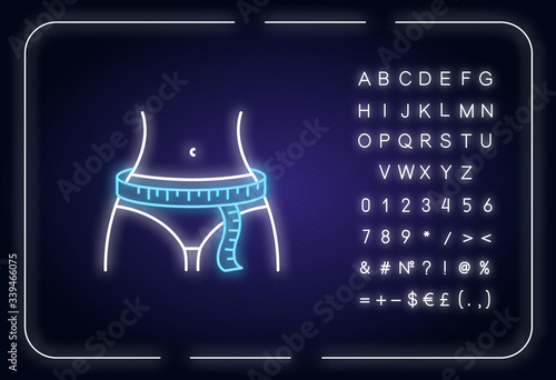 Hips circumference neon light icon. Outer glowing effect. Female lower body measurements, tailoring parameters sign with alphabet, numbers and symbols. Vector isolated RGB color illustration