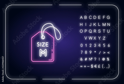 Medium size label neon light icon. Outer glowing effect. Clothing parameters information sign with alphabet, numbers and symbols. Tag with M letter. Vector isolated RGB color illustration
