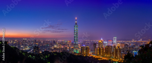 Panorama view of Taipei City skyscrapers in sunset from Elephant or Xiangshan mountain. Landmark of Taiwan. Cityscape in twilight time, Teipei. Taiwan