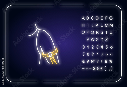 Upper arm circumference neon light icon. Outer glowing effect. Human body measurements, dimensions specification sign with alphabet, numbers and symbols. Vector isolated RGB color illustration