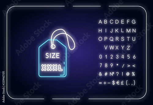 XXXL size label neon light icon. Outer glowing effect. Clothing parameters description sign with alphabet, numbers and symbols. Info tag for apparel. Vector isolated RGB color illustration