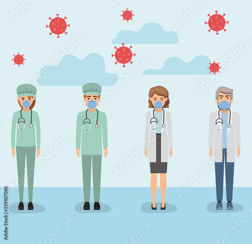 Women and men doctors with masks and uniforms against 2019 ncov virus vector design