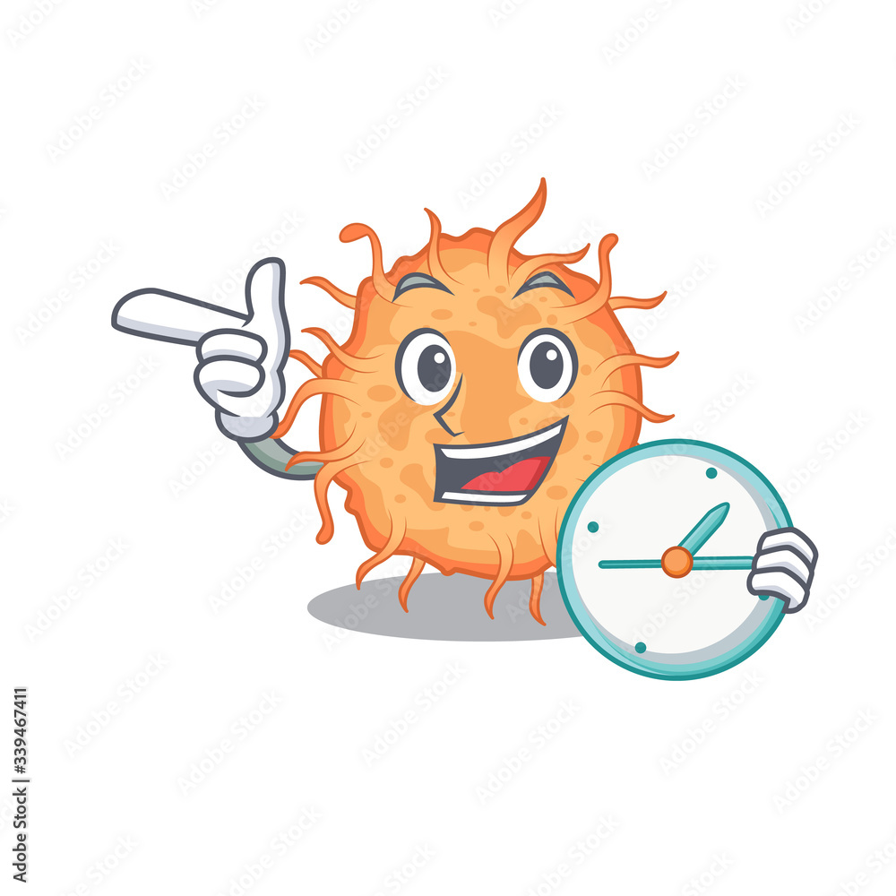 Bacteria endospore mascot design concept smiling with clock