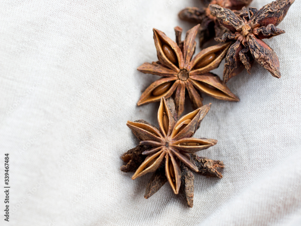 Star anise spice fruits and seeds on light background closeup seasons for coffee and desserts Star anise spice fruits and seeds on light background closeup seasons for coffee and desserts