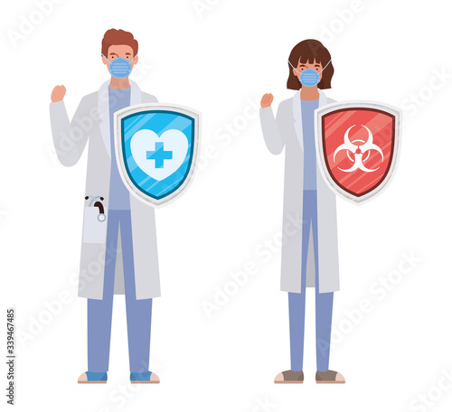 woman and man doctors heroes with shields against 2019 ncov virus vector design