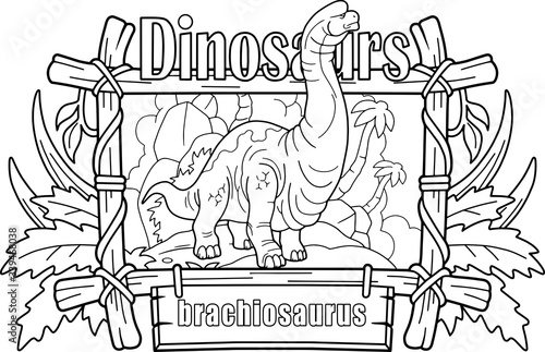 giant prehistoric dinosaur brachiosaurus, coloring book, funny illustration