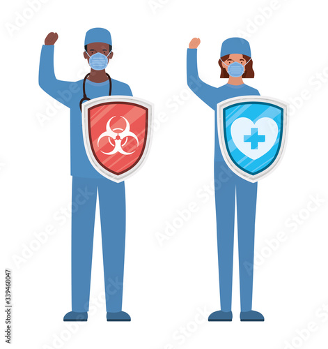woman and man doctors heroes with shields against 2019 ncov virus vector design