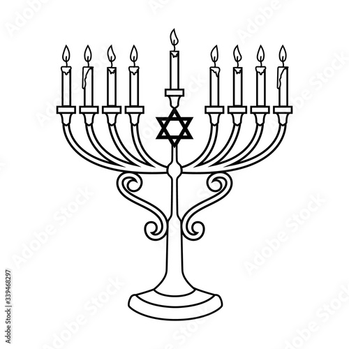 Illustration of Hanukkah candle in engraving style isolated on white background. Design element for poster, card, banner, sign, emblem. Vector image