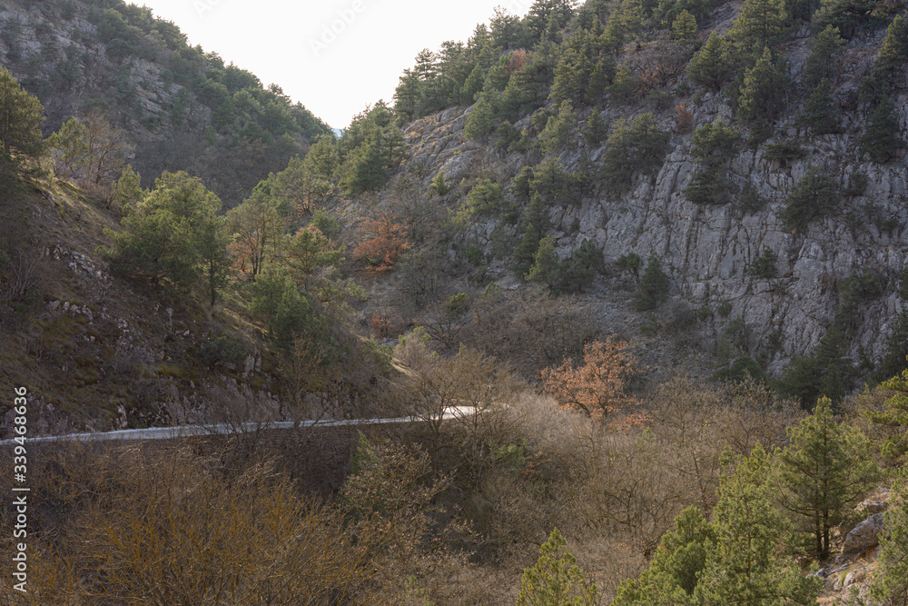 Mountain serpentine in the Crimea. Road in the mountains. Beautiful landscape with road. Landscape with forest and road on a cloudy day Mountain serpentine in the Crimea. Road in the mountains. Beautiful landscape with road. Landscape with forest and road on a cloudy day