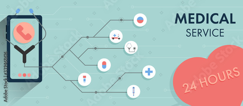 Concept online medical service template vector illustration and flat icon. Contacting healthcare service with smartphone application.