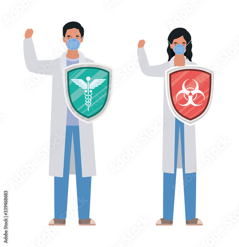 woman and man doctors heroes with shields against 2019 ncov virus vector design