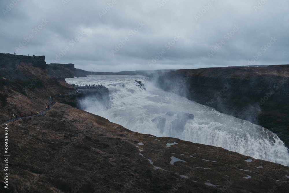 Powerfull Gullfoss waterfall view in the canyon of the Hvita river, Iceland