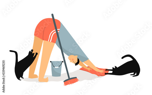 Man and cats doing downward-facing dog pose - asana while cleaning floor with rag broom and bucket. Fun humorous housework, fitness and sport caricature, cleaning house motivation. Vector illustration