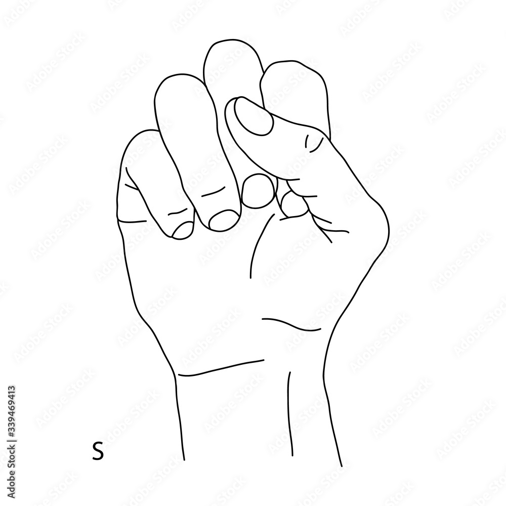 S is the nineteenth letter of the alphabet in sign language. Gesture in the form of a fist. Black and white drawing of a human hand. Deaf and dumb language. The Letter S. Vector isolated illustration S is the nineteenth letter of the alphabet in sign language. Gesture in the form of a fist. Black and white drawing of a human hand. Deaf and dumb language. The Letter S. Vector isolated illustration