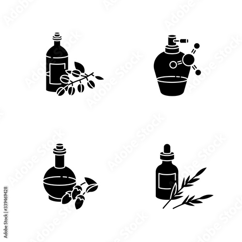 Hair oils black glyph icons set on white space. Antistatic sprayer in bottle. B5 panthenol ointment. B7 biotic cosmetic product. Liquid silicon. Silhouette symbols. Vector isolated illustration