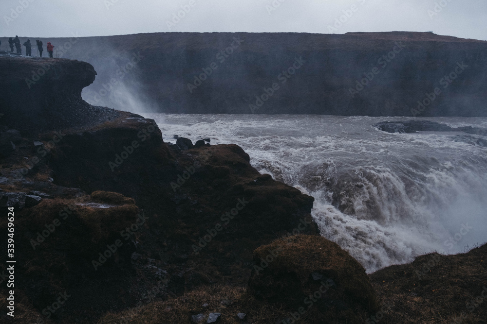Panoramic Gullfoss waterfall view. Golden Circle route, Iceland.