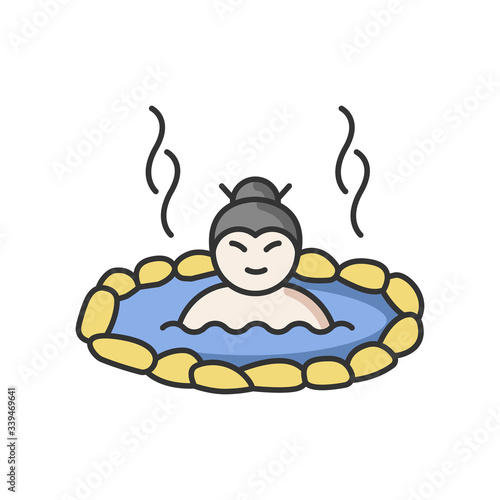 Hot spring RGB color icon. Japanese onsen. Asian spa resort for recreation. Person in warm volcanic pool for resting. Outdoor geothermal resort for relaxation. Isolated vector illustration