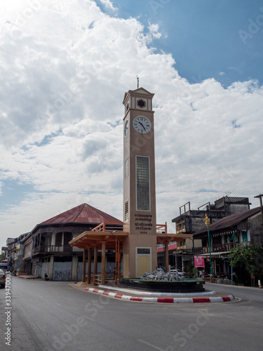 Nakorn Phanom, Thailand - Nov 18th, 2019: Vietnamese Clock Tower at the walking street of Nakhon Phanom