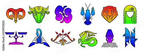 Set of zodiac signs Aries Taurus Gemini Cancer Leo Virgo Libra Scorpio Sagittarius Capricorn Aquarius Pisces Colorful star signs Astrological symbol logo emblem. Outline vector graphic