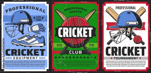 Cricket sport game equipment vector vintage posters, sport club championship and team cup tournament. Cricket professional equipment shop for players, bat and balls, outfit garments, hats and footwear