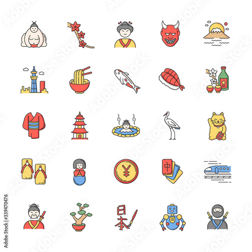 Japan RGB color icons set. Koi carp. Ramen and sushi. Sake drink. Ninja and samurai. Crane bird. Yen and yuan. Asian souvenirs. Traditional japanese symbols. Isolated vector illustrations