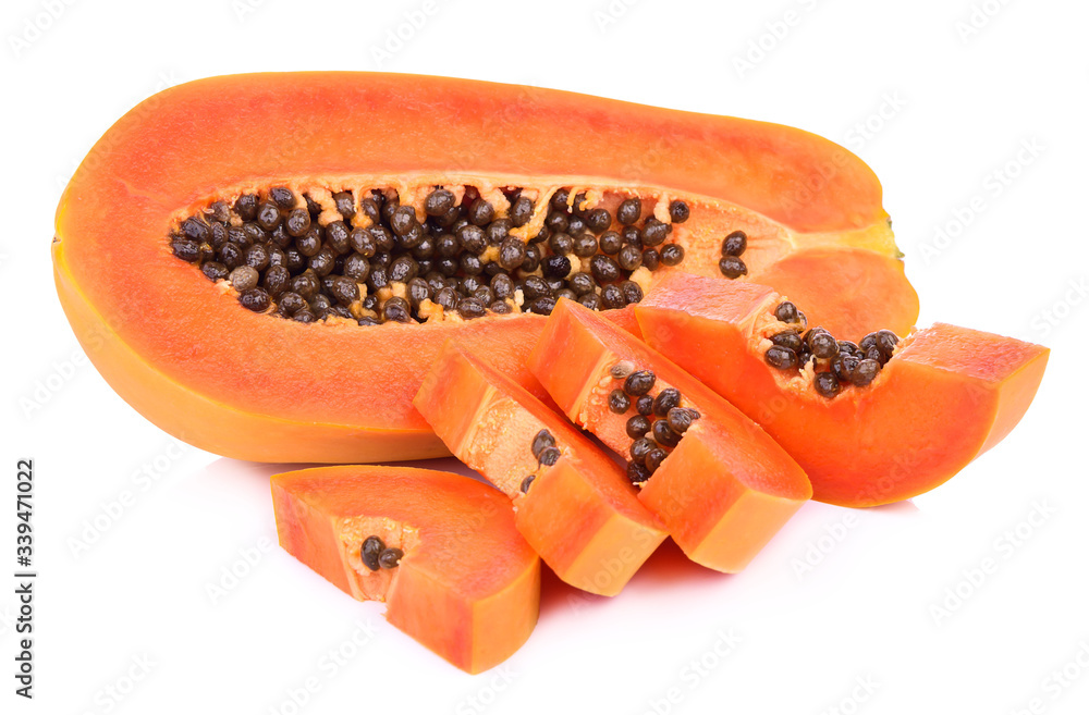 slices of sweet papaya on white background