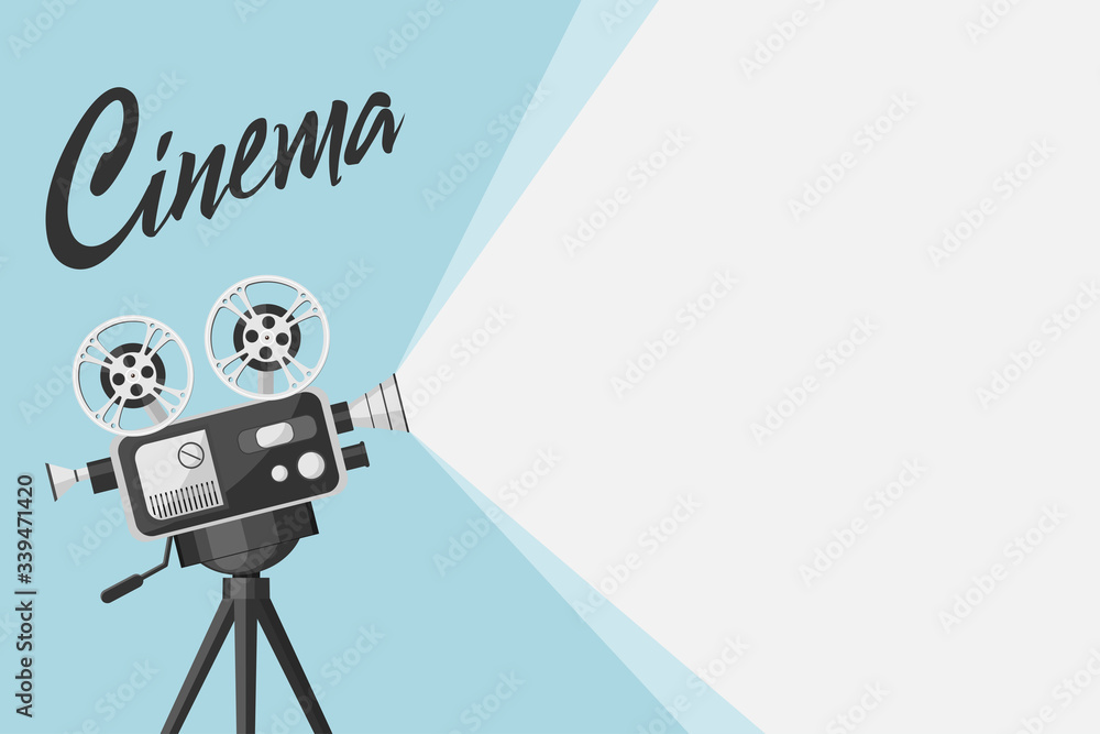 Detailed retro movie projector with film reels. Cinema background. Film  festival template for banner, flyer, poster in retro style. Old movie  projector with place for your text. Movie time concept Stock Vector