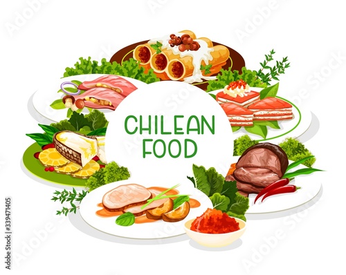 Chilean cuisine, vector menu cover, traditional Latin South America food dishes. Chilean restaurant lunch and dinner salmon pie with cheese, pork fillet with apples and cannelloni with mushrooms