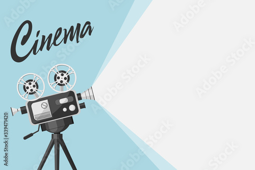 Detailed retro movie projector with film reels. Cinema background. Film festival template for banner, flyer, poster in retro style. Old movie projector with place for your text. Movie time concept