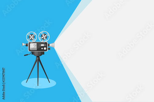 Detailed retro movie projector with film reels on a tripod. Cinema background. Film camera projecting a beam of light. Old movie projector with place for your text. Template for banner, flyer, poster