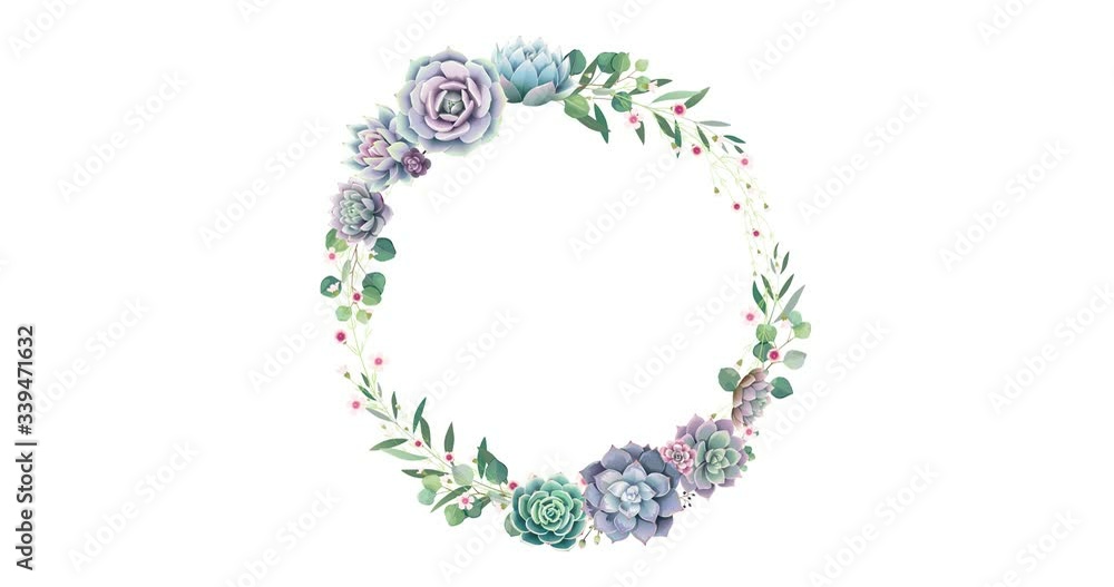 Greenery succulent wreath with Save the date text on white background. 4K animation. Greenery succulent wreath with Save the date text on white background. 4K animation.