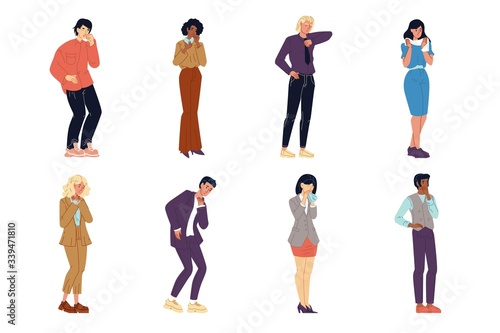 Office workers, employees, students, men, women coughing, sneezing, having cold, flue, respiratory disease. Unhealthy, ill guys, girls covering mouth, nose by hand. Vector set isolated on white.
