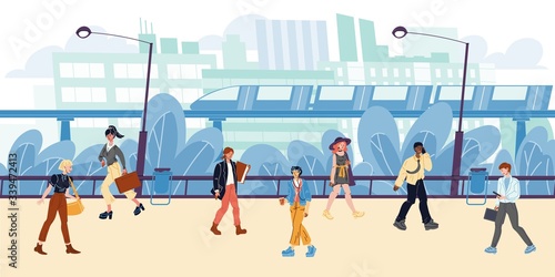 Cityscape, buildings, apartment houses, train, metro, trees, street lamps, walking people. Men, women hurry up to work, speak by phone, going, running. Vector flat illustration. Metropolis, megapolis.