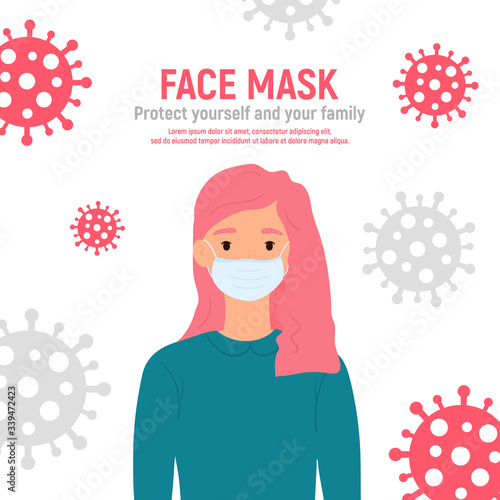 Girl with medical mask on face to protect her against coronavirus covid-19, 2019-nCov isolated on white background. Kids virus protection concept. Stay safe. Vector illustration