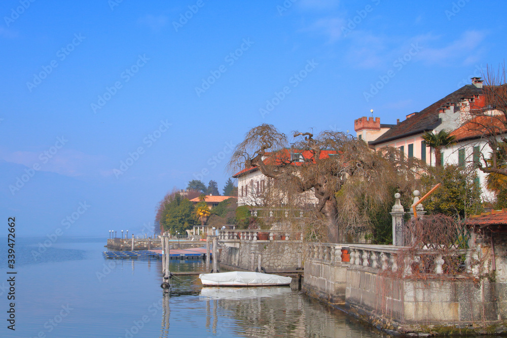 CITYSCAPE OF ORTA SAN GIULIO VILLAGE ON THE SHORES OF ORTA LAKE IN ITALY 