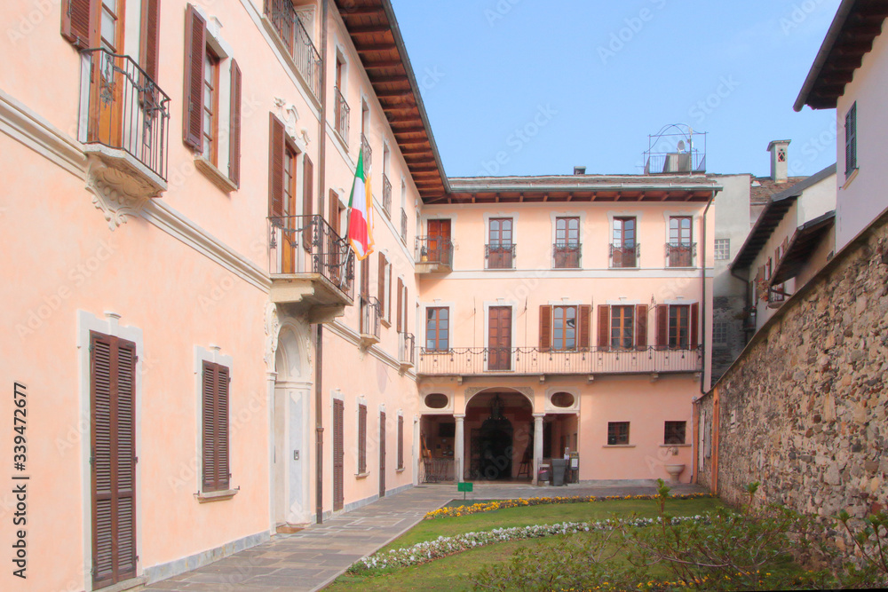 TOWN HALL OF ORTA SAN GIULIO VILLAGE IN AN HISTORICAL BUILDING IN ITALY 